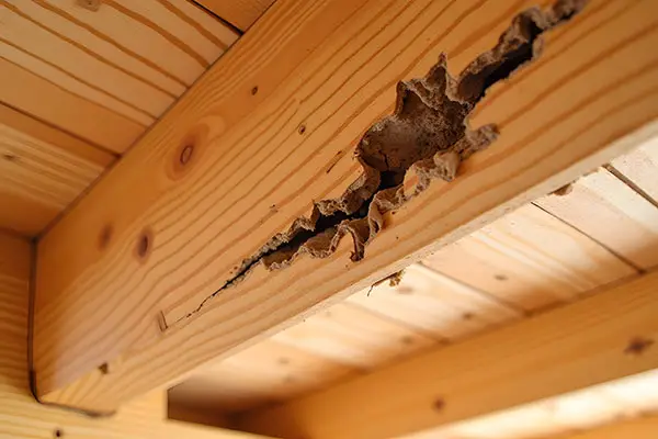 Damaged wood from termites before termite control in Charlotte, NC by Cardinal Environmental Solutions
